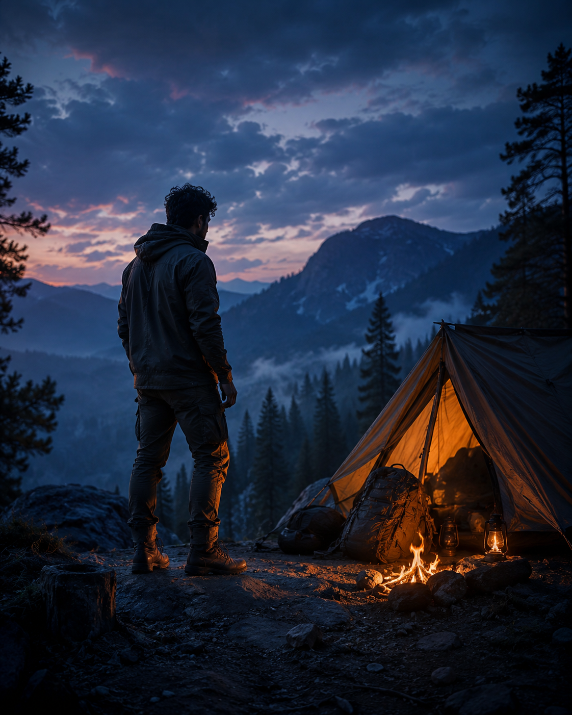Adventure Idol wilderness survival camp at dusk in the mountains