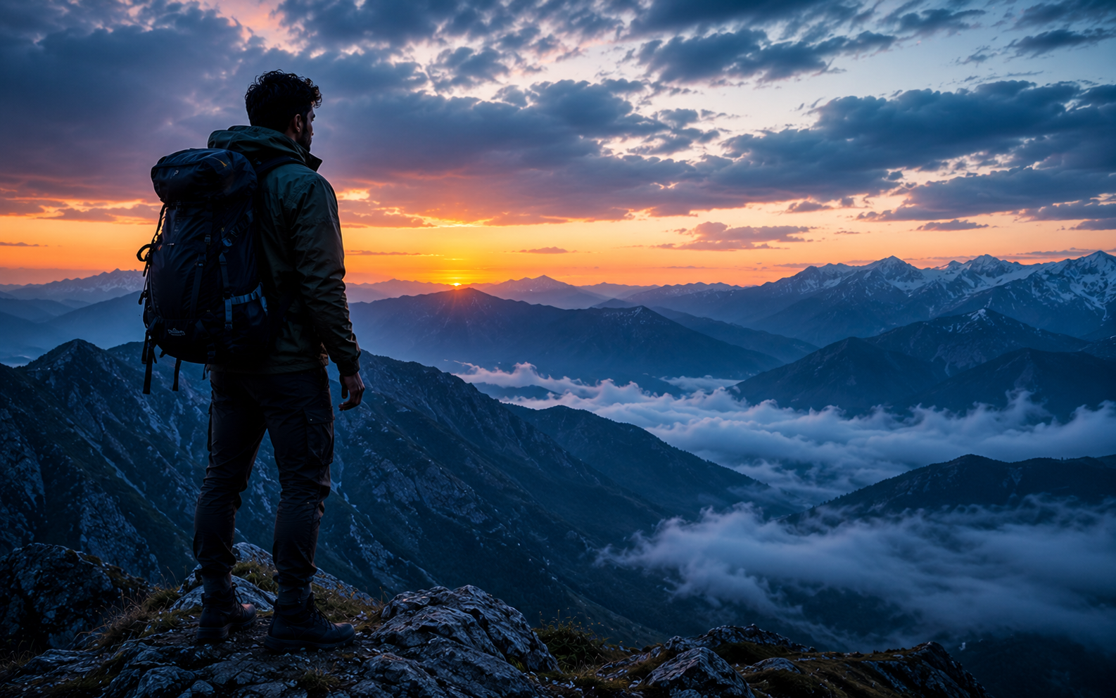 Adventure challenger on a mountain ridge — wilderness rounds